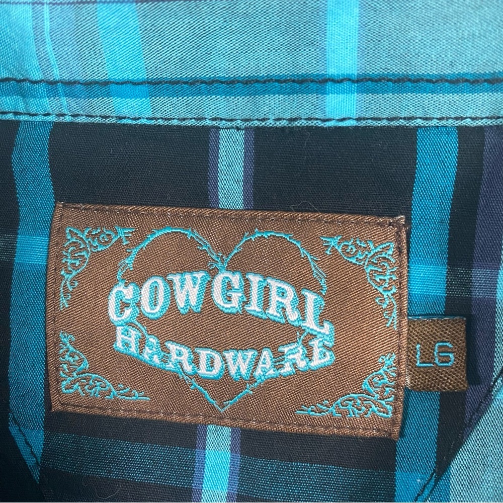 Cowgirl Pearl Snap Button Shirt Plaid long sleeve Blue white rodeo Western Shirt - Picture 2 of 9